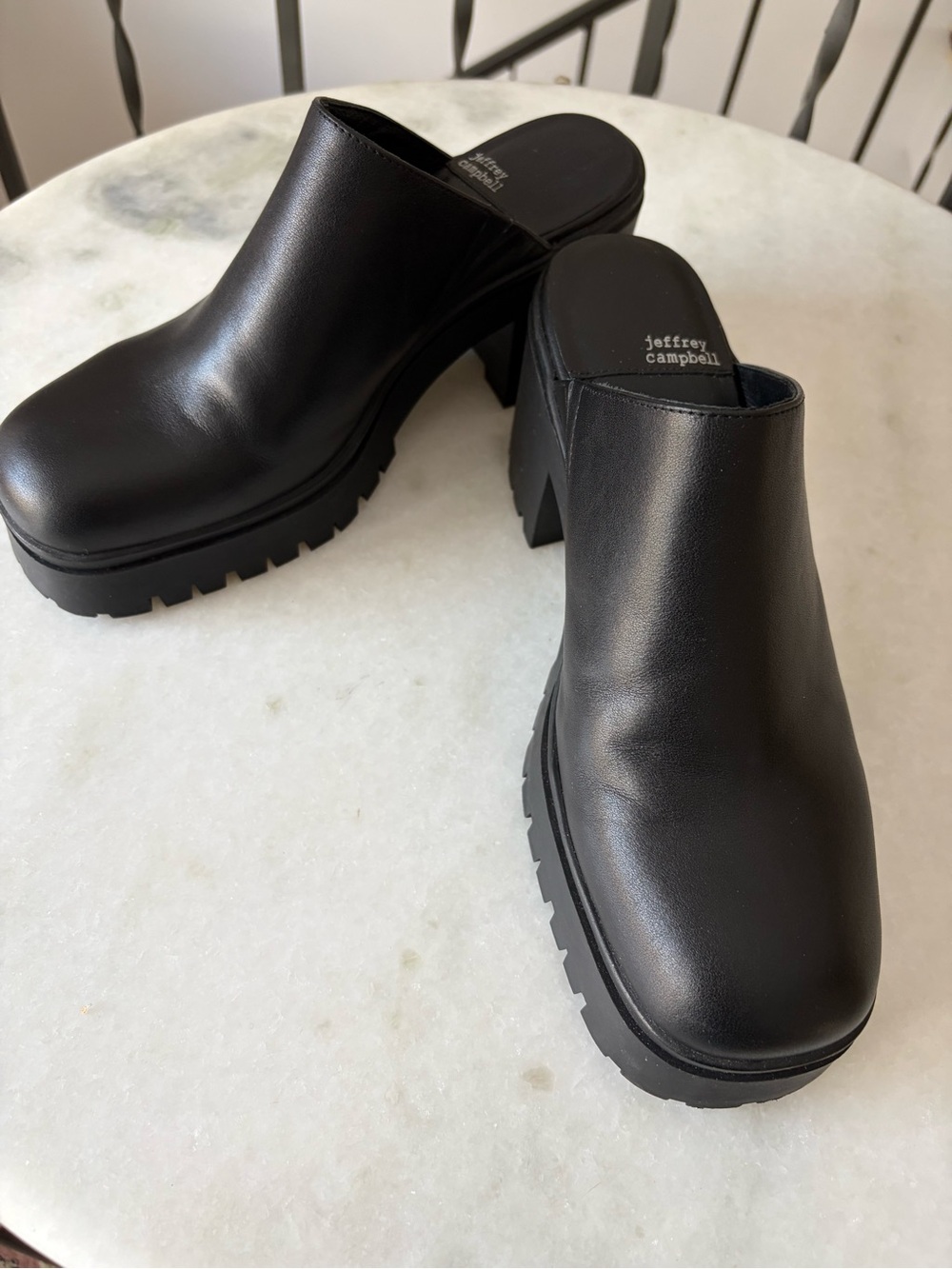 Jeffrey Campbell Black Leather Lug Platform Mules
